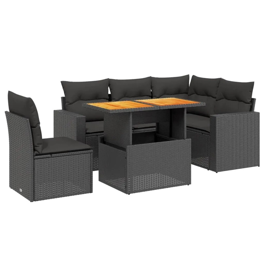 vidaXL 6-tlg. Garten-Sofagarnitur in L-Form aus Poly-Rattan und Akazienholz mit Kissen, Schwarz - Bild 2