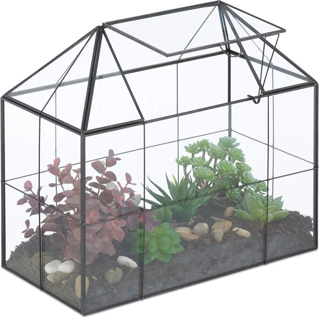 Relaxdays Pflanzenterrarium aus Glas in Hausform mit Dachfenster, Schwarz, B: 27 cm, T: 30 cm, H: 15 cm - Bild 1