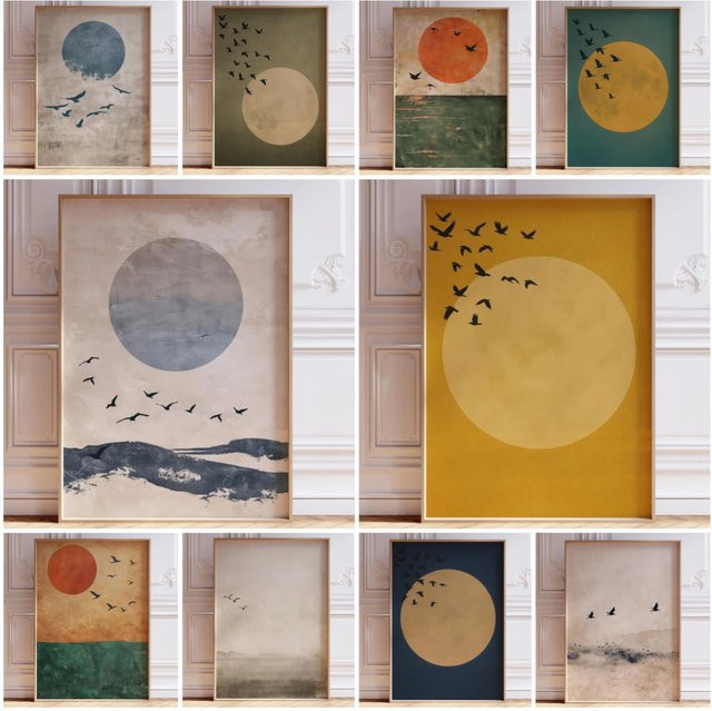 Potdemiel Japandi Poster Minimalistischer Kunstdruck mit Orange Sonne und Grünmeer Szene in Orange und Grün - Bild 1