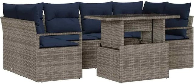 vidaXL Garten-Sofa-Set 7-teilig aus Poly-Rattan in Grau und Marineblau mit Tisch, Ecksofa, Zweisitzer und Armlehnen-Sofas, wetterbeständig und UV-resistent - Bild 1
