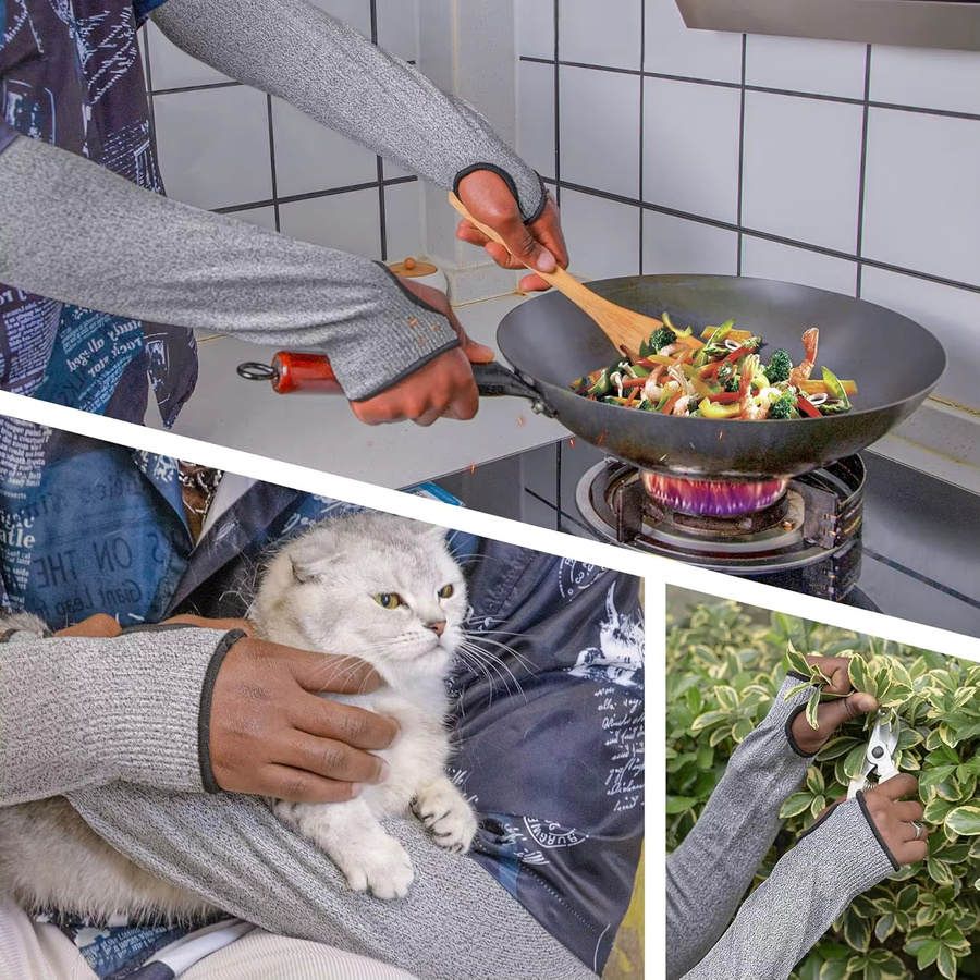 Schnittfeste Gartenarbeitshandschuhe von LOLIRYZ in Grau für Damen und Herren mit Daumenloch und schützenden Armschonern, Schnittschutzklasse 5 - Bild 4