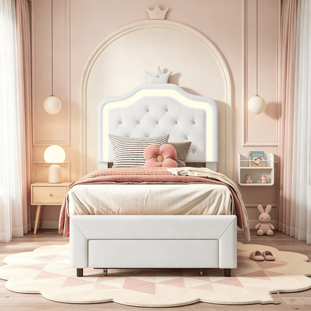 Polsterbett mit LED-Kopfteil und Schublade in Weiß/Rosa, Einzelbett für Kinder und Gäste aus PU-Kunstleder, B/T/H: 90 x 200 cm - Bild 1
