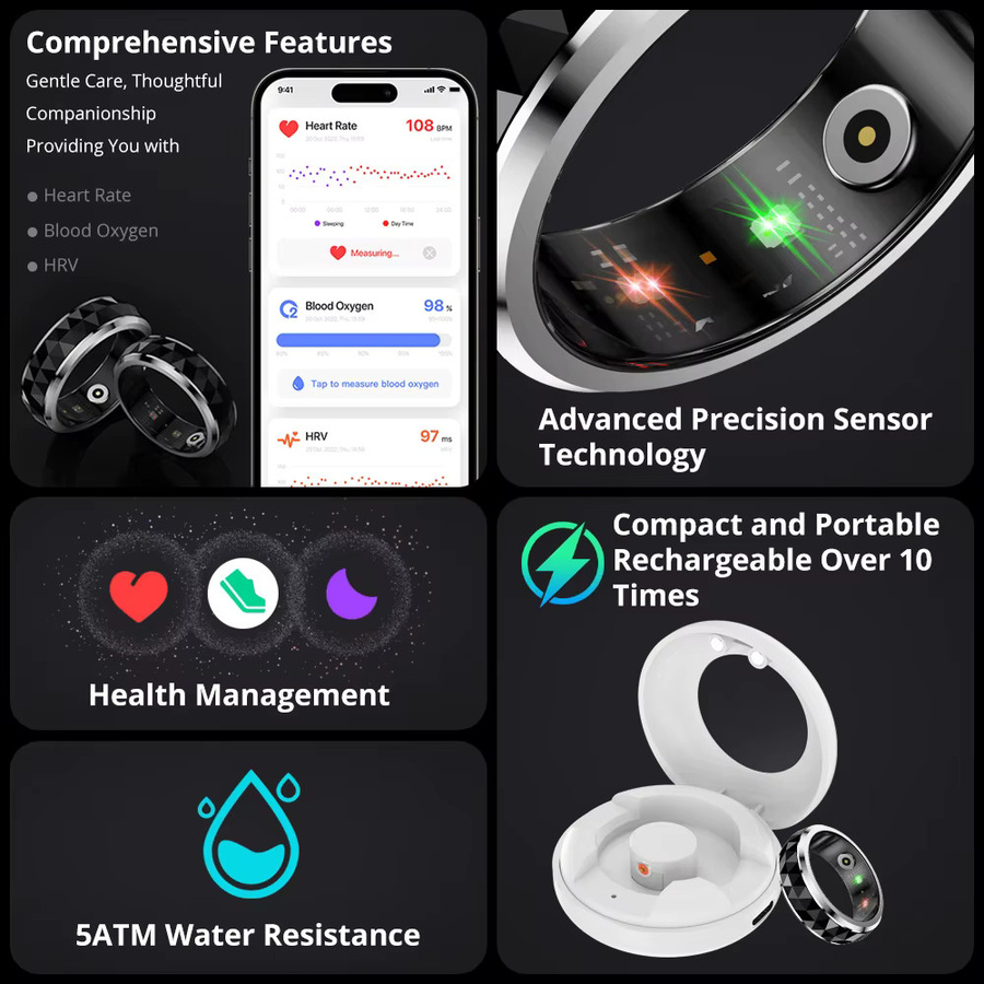 COLMI R11 Smart Ring für Herren in Schwarz mit Ladeetui, Gesundheits- und Schlafmonitor, 5 ATM wasserdicht - Bild 2