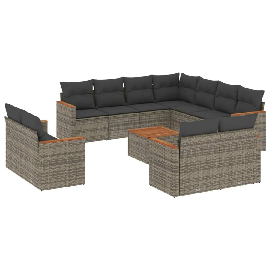 vidaXL 12-teilige Garten-Sofagarnitur aus Poly-Rattan und Akazienholz in Grau mit Kissen - Bild 2