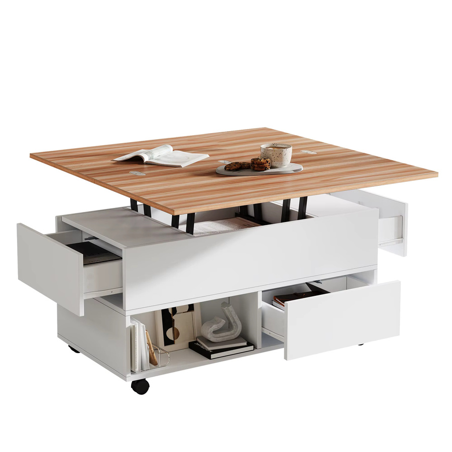 KOMHTOM Couchtisch aus Holz in Weiß mit 4 Schubladen, höhenverstellbarer Tischplatte und 4 Rollen für dein Wohnzimmer - Bild 2