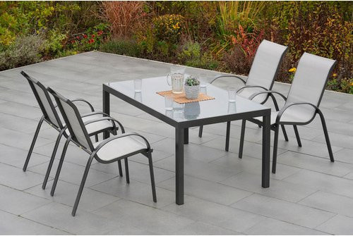 Merxx Gartenmöbelset Amalfi 5-tlg. aus Aluminium und Textil in Braun und Grau mit Tisch und stapelbaren Sesseln, Tisch B: 150 cm, T: 90 cm, H: 72 cm - Bild 1