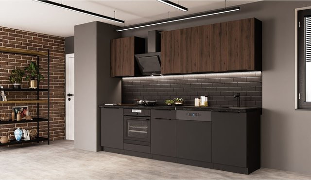 Küchenzeile SIENA + MONZA BASIC Einbauküche in Nussbaum mit schwarzen matten Elementen, Breite: 280 cm - Bild 1