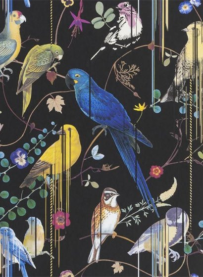 Christian Lacroix Tapete Birds Sinfonia Crepuscule Vlies aus Schwarz, Blau und Gelb - Bild 1