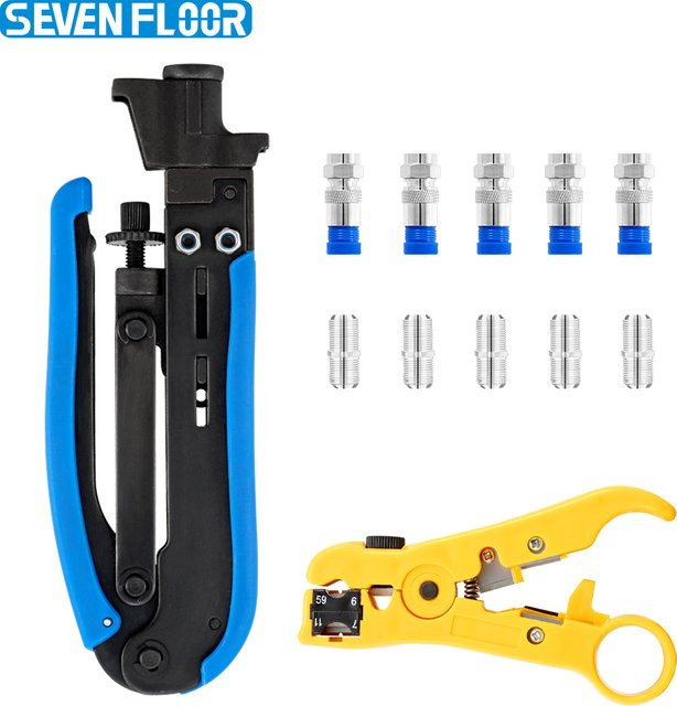 Koaxial-Kompressionswerkzeug-Set mit Abisolierer und F-Steckverbindern für RG59, RG6 und RG11 Kabel von Seven Floor - Bild 1