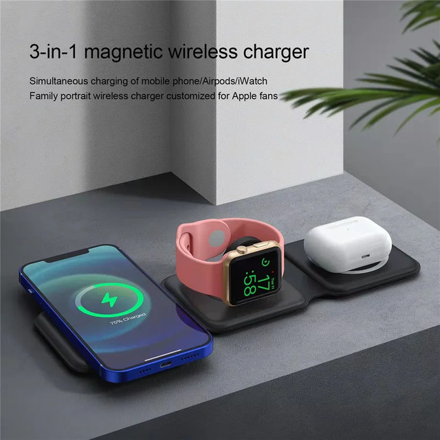 VIKEFON 3-in-1 Magnetisches Tragbares Kabelloses Ladegerät für iPhone 15 14 13 12 Pro Max, Apple Watch und AirPods, Schwarz - Bild 1