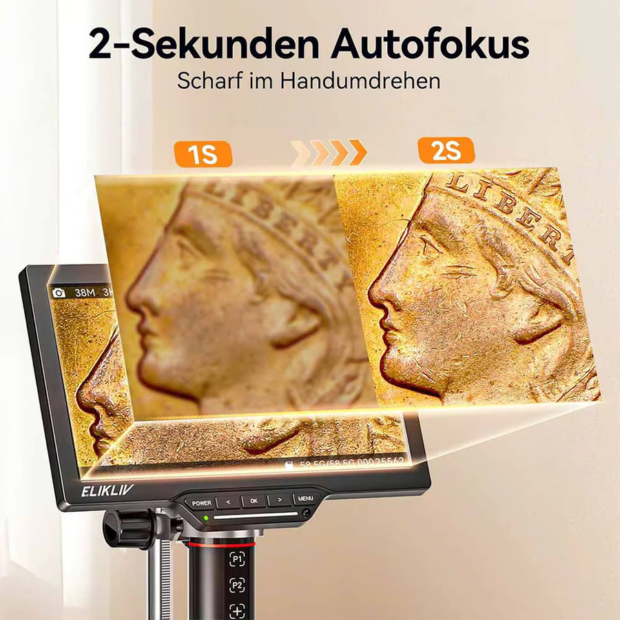 Elikliv EM3K-AF 7'' Autofokus Digitalmikroskop 2000X 3K HDMI Lötmikroskop für Elektronikreparatur mit 10 Zoll Ständer in Schwarz inklusive 64 GB Speicher - Bild 2