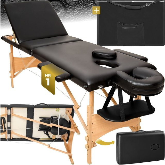 tectake 3 Zonen Massageliege Daniel in Schwarz mit Holzgestell aus Buche, H x B x T: 84 x 60 x 210 cm - Bild 1