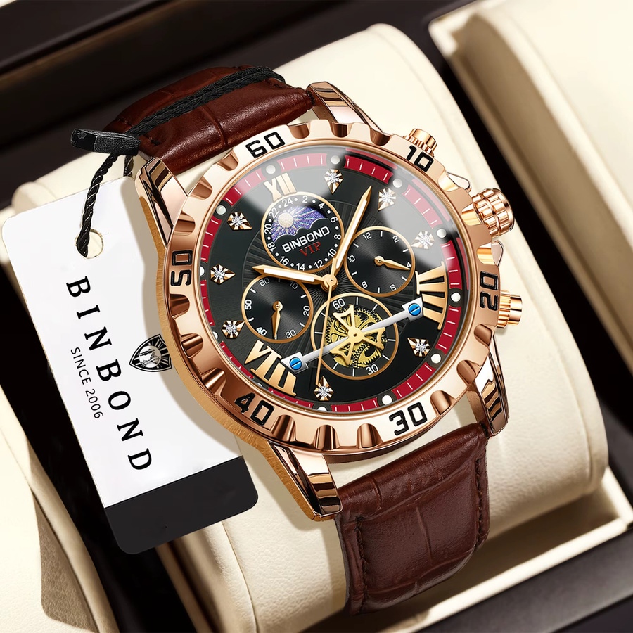 BINBOND Chronograph Armbanduhr, Quarz, Leder, Schwarz, Gold, Herren - Bild 2