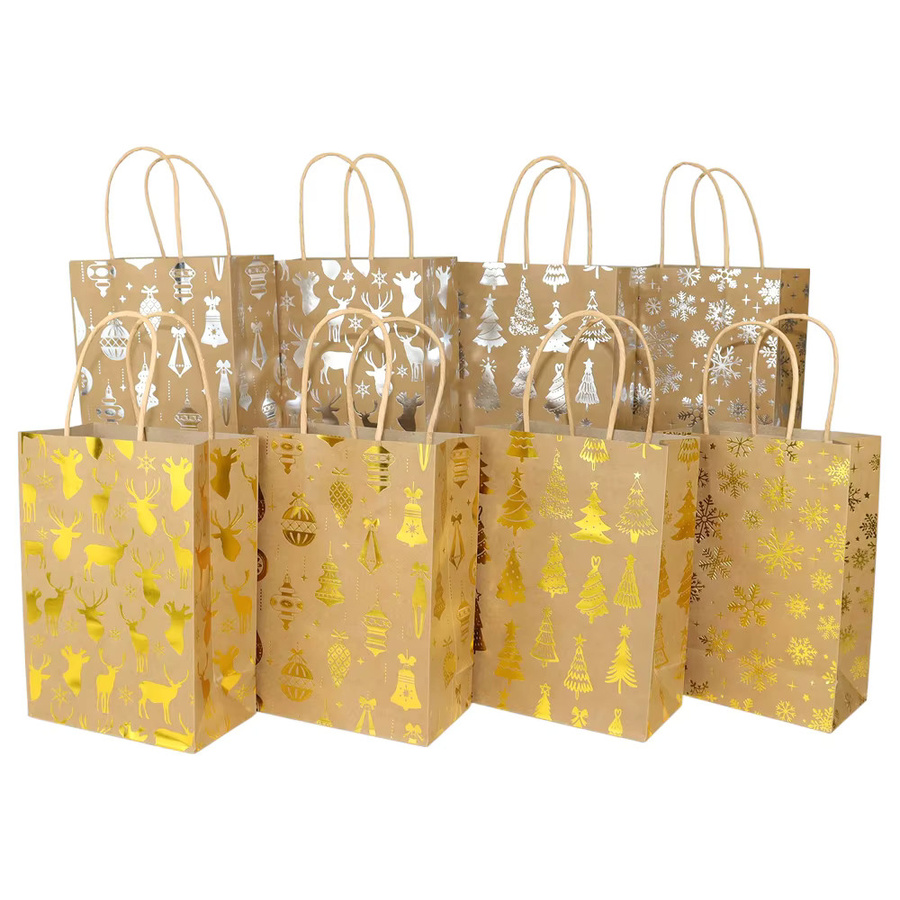 4er-Set Weihnachtsgeschenketaschen aus Kraftpapier in Gold und Silber mit Santa Claus, Weihnachtsbaum und Schneeflocken-Motiv für Weihnachten und Neujahr - Bild 2