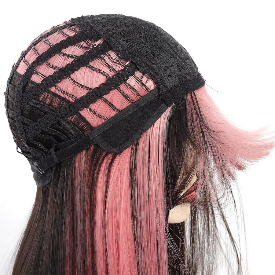 allaosify Cosplay Perücke, schwarz-rosa, lang, glatt, mit Pony, synthetisch - Bild 2