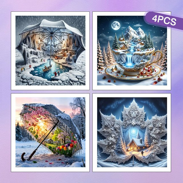 HUACAN 4er Set Diamond Painting Winterlandschaft mit Mosaik-Motiven Regenschirm und Tasse, Multicolor, mit runden Bohrern zur Heimdekoration - Bild 1