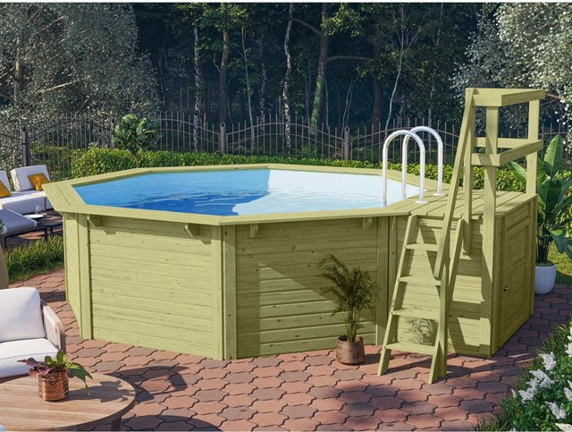 Karibu Achteck Pool Set in Grau und Blau mit Sonnenterrasse, Filteranlage und Skimmer, B/T: 400 x 400 cm - Bild 2