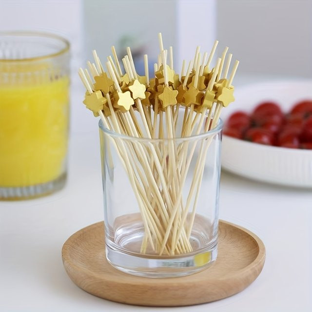 100 Stück goldene Bambusspieße mit Stern-Dekoration als Einweg-Obstspieße und Party-Zubehör - Bild 1
