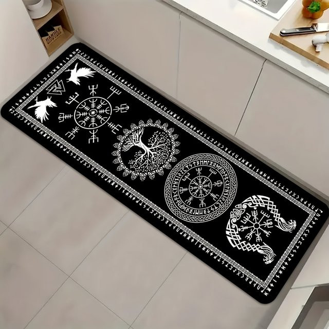 VIKAMA Flanell-Teppich mit schwarzem Wikinger-Lebensbaum-Motiv, rechteckiger Teppich für Wohnzimmer, Schlafzimmer oder Küche, maschinenwaschbar - Bild 1