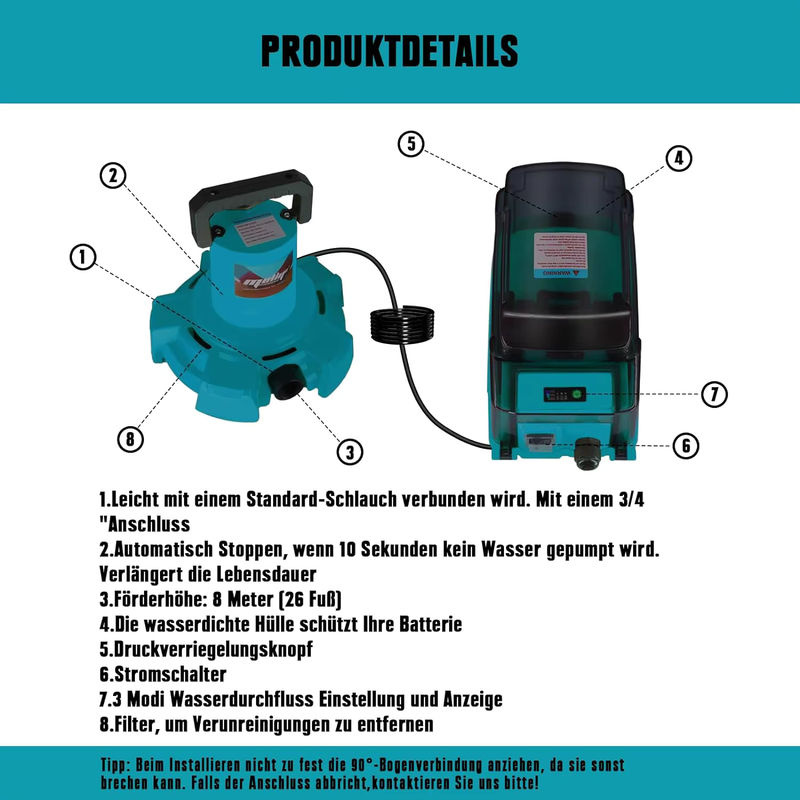 Makita Akku-Tauchpumpe für 18V Akkus als elektrische Schmutzwasserpumpe für Garten, Teich und Pool (Nur Werkzeug) - Bild 5