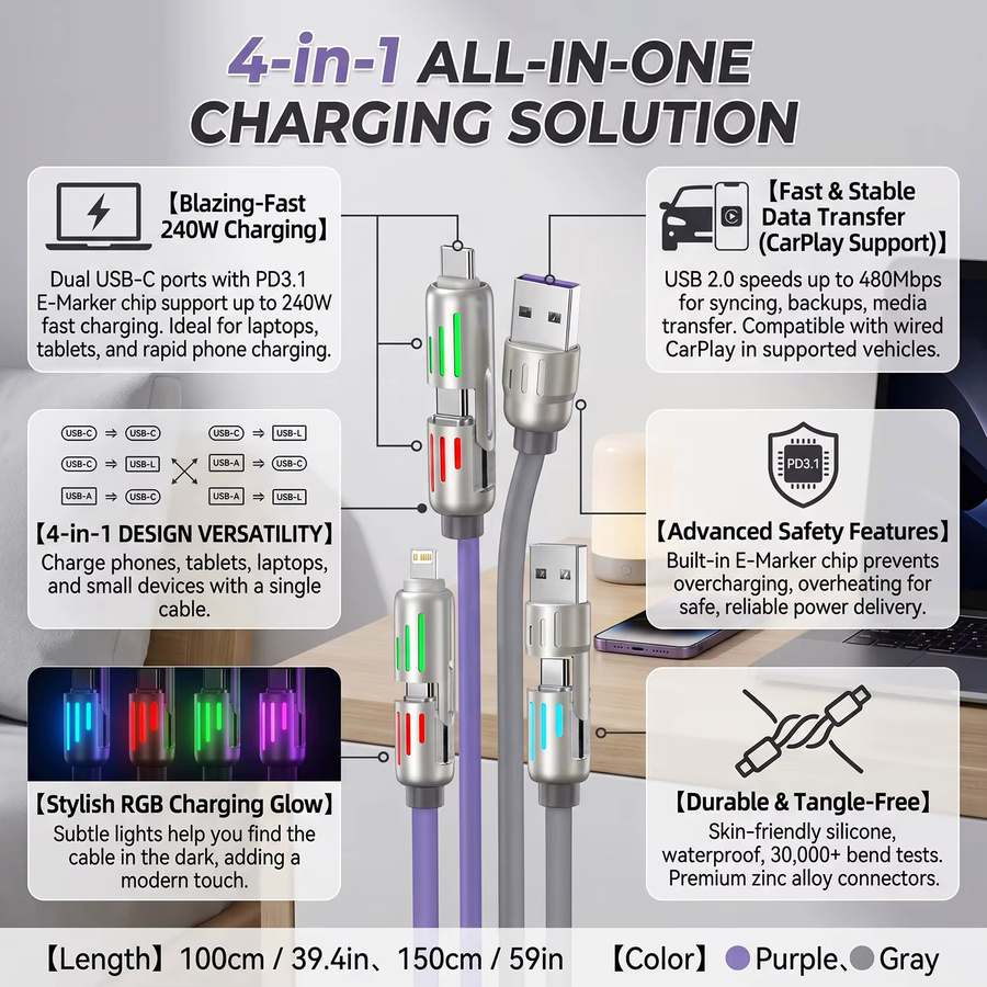 BESY 4-in-1 Silikon Datenkabel mit 240W Superschnellladefunktion USB Typ C PD in Lila - Bild 3
