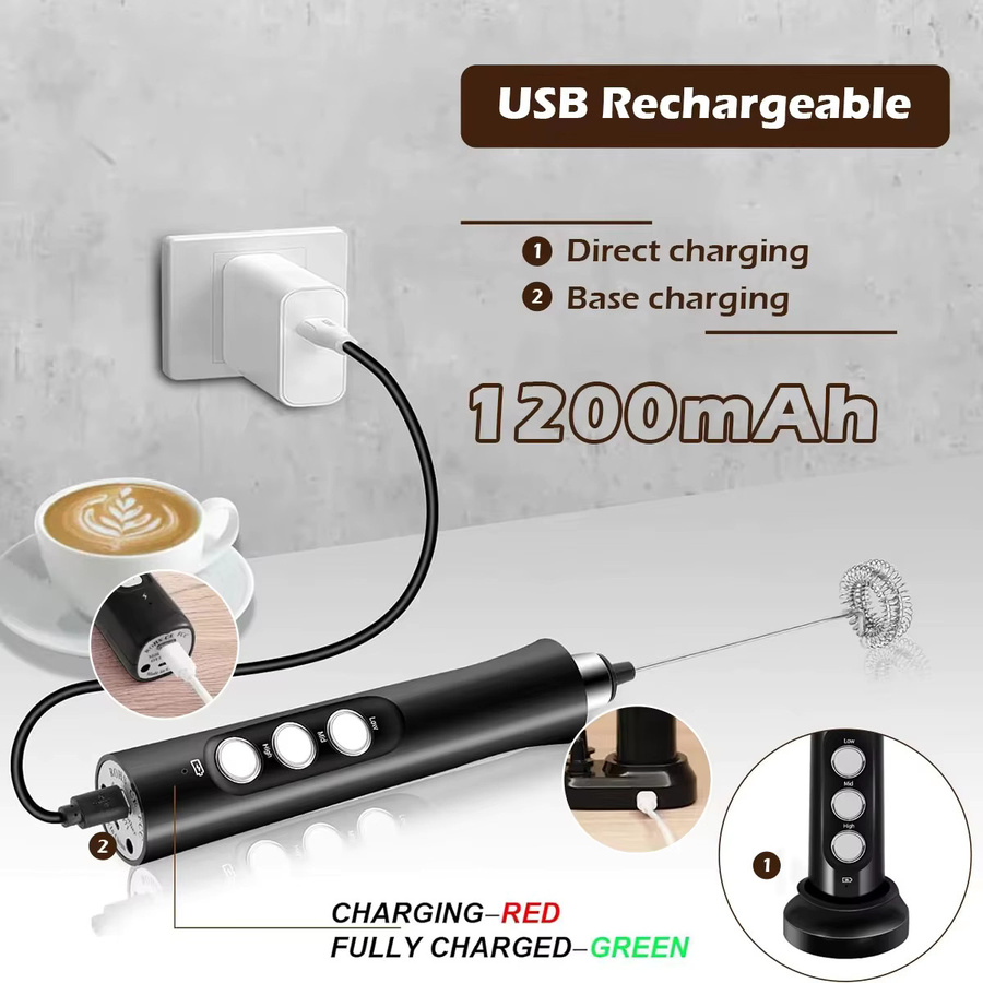OFENGIQ Kabelloser elektrischer Milchaufschäumer in Schwarz mit 3 Geschwindigkeiten und USB-Aufladung für Latte, Cappuccino und heiße Schokolade - Bild 4