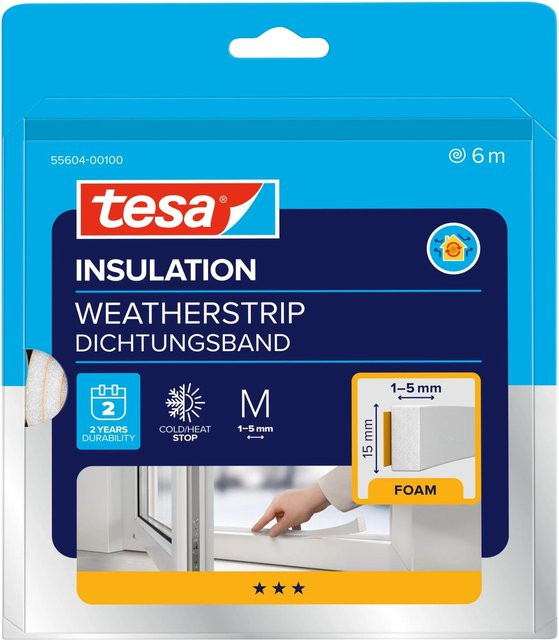 tesa Universal Fensterdichtung und Türdichtung aus Schaumstoff in Weiß, selbstklebend, Breite: 1,5 cm, Länge: 6 m - Bild 1
