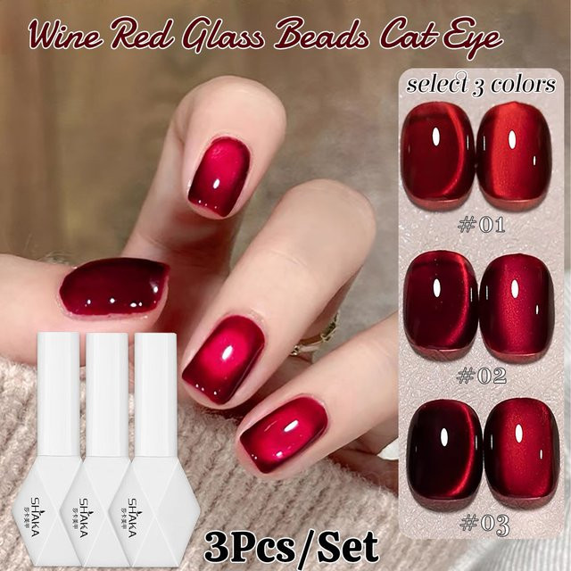 MISS SHAKA Gel-Nagellack, 3-Farben, Weißwein, Feenrot, Katzenauge - Bild 1