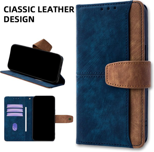 Kontrastfarbene Leder-Handyhülle für Motorola Moto G und E Serie in Grau und Blau - Bild 1