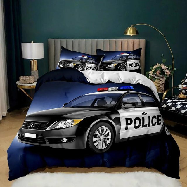 Bettbezug mit Polizist und Polizeiauto von Your Warm Home, 2-teiliges Bettset aus Polyester für Kinder mit Fahrzeug-Motiv in Schwarz und Rot, B/T/H: 135 x 200 cm mit 2 Kissen 50 x 70 cm - Bild 1