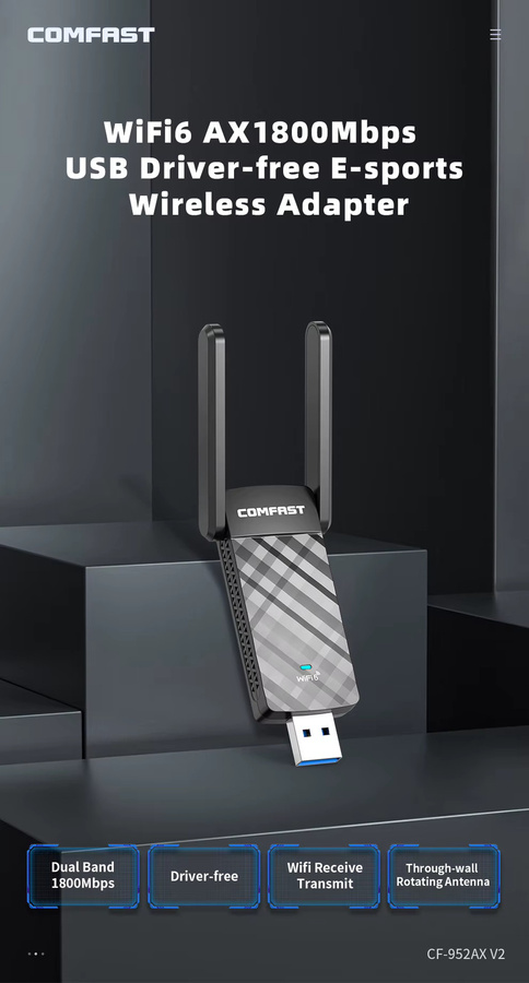 Comfast WiFi 6 USB-Adapter AX1800 Dual-Band 2,4 GHz und 5 GHz mit USB 3.0 und RTL8832BU Chip, Schwarz - Bild 2