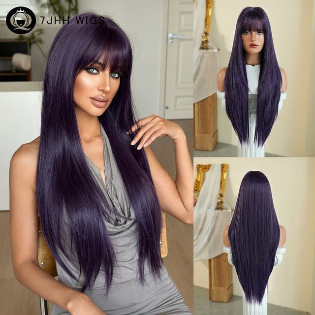 7JHH WIGS Perücke für Damen, dunkelviolett, lang, gerade, geschichtet - Bild 1