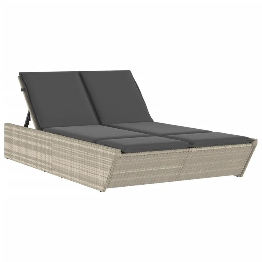 vidaXL Doppel-Sonnenliege aus Poly Rattan in Hellgrau mit verstellbarer Rückenlehne und Kissen, B/T/H: 118 x 200 x 50,5/62,5/73,5/83 cm - Bild 2