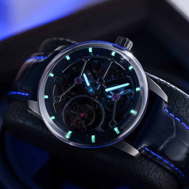 Oblvlo Armbanduhr Tourbillon, mechanisch, Edelstahl, blau, Leder, Herren - Bild 1