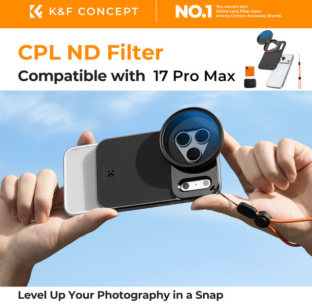 K&F CONCEPT Magnetischer Objektivfilteradapter mit 58 mm Variable ND2-32 Filter oder CPL Polarisationsfilter für iPhone 17 Pro Max in Schwarz - Bild 1