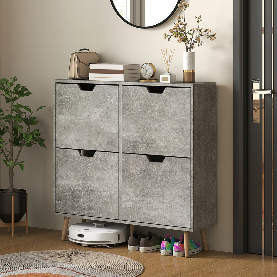 Aosom Schuhschrank für Eingangsbereich mit 4 klappbaren Schubladen in Grau, platzsparender Schuhschrank aus Spanplatte und Kiefernholz für 16 Paar Schuhe, B/T/H: 95 x 26 x 95 cm - Bild 2
