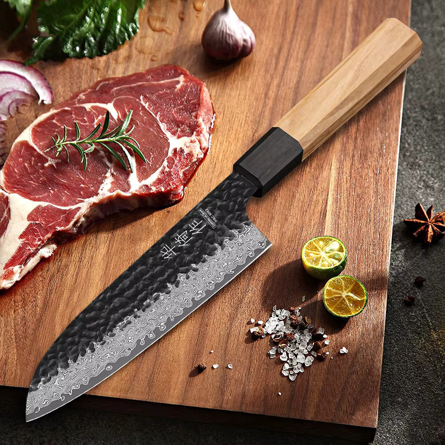 HUAYIGRAND Santoku-Messer aus 67-lagigem Damaststahl, handgefertigtes japanisches Kochmesser mit Holzgriff, Mehrfarbig, Länge: 17,8 cm - Bild 2