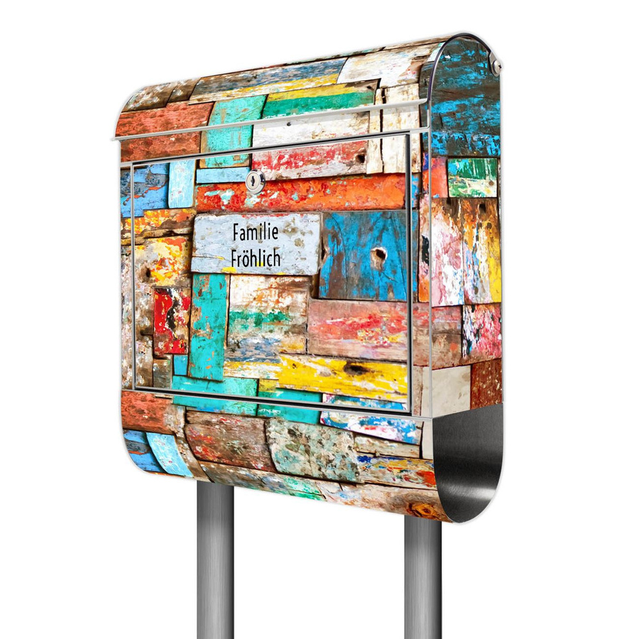 banjado Standbriefkasten aus Edelstahl mit Zeitungsfach und buntem Holzmotiv, B/T/H: 38 x 14 x 161,5 cm - Bild 1