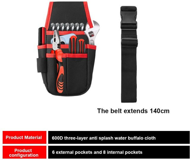 NATAWA Werkzeug-Hüfttasche aus Textil mit Gürtel, wasserdichtes Elektriker-Toolkit und Hardware-Organizer, Schwarz, B/T/H: 26,5 x 14,0 x 13,5 cm - Bild 1