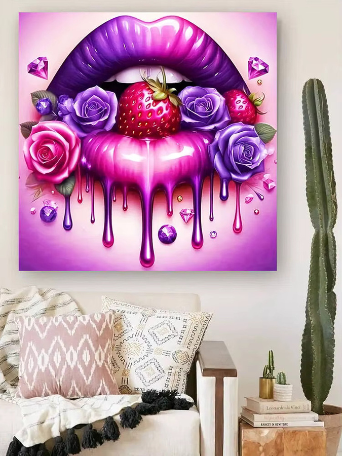 EverShine 5D DIY Diamantmosaik Porträt Mund mit Erdbeere und Rose als Kreuzstich Stickerei Set, Multicolor, B/H: 20 x 20 cm - Bild 4