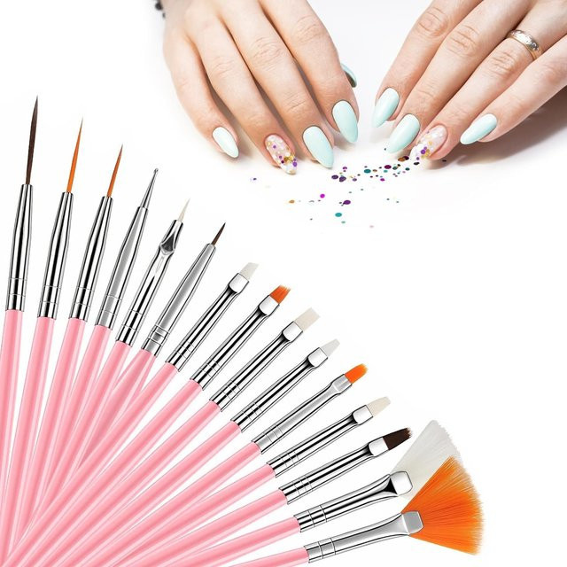 Yikoolin Nagelpinsel Set, 15 Stück, Nail Art Design Tools, Pink - Bild 1