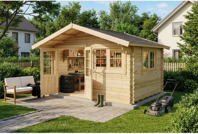 Alpholz Gartenhaus Set Gabriel in Braun, Naturbelassen, Blockbohlen mit 28 mm Wandstärke, inkl. Boden und Dacheindeckung, B/T/H: 438 x 367 x 238 cm - Bild 1