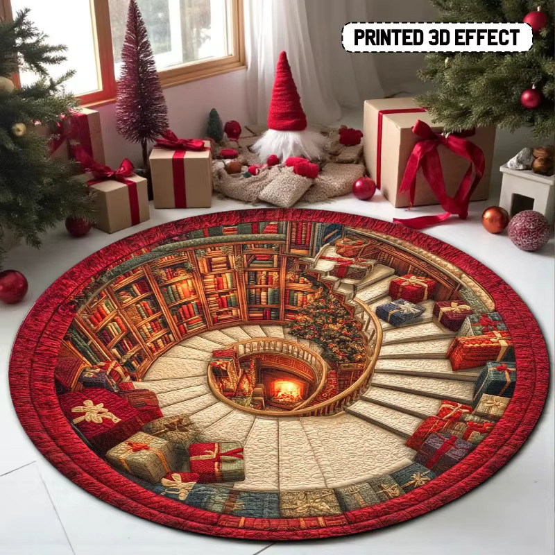 Runder 3D-Weihnachtsteppich mit Buchbibliothek-Design, festliche Bodenmatte in Multicolour mit Geschenken und Weihnachtsbaum - Bild 2