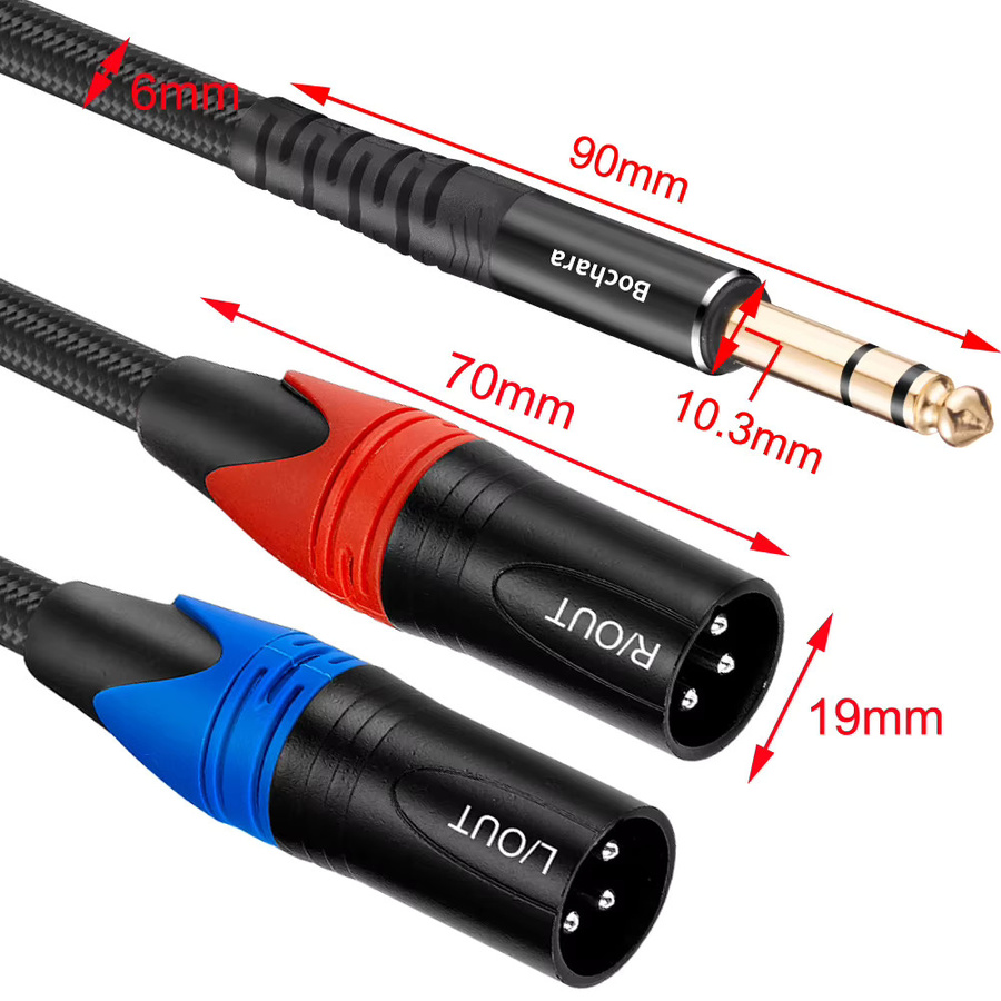 Bochara Stereo-Klinkenkabel von 6,35 mm TRS auf Dual XLR in Schwarz mit Geflecht- und Folienabschirmung - Bild 3
