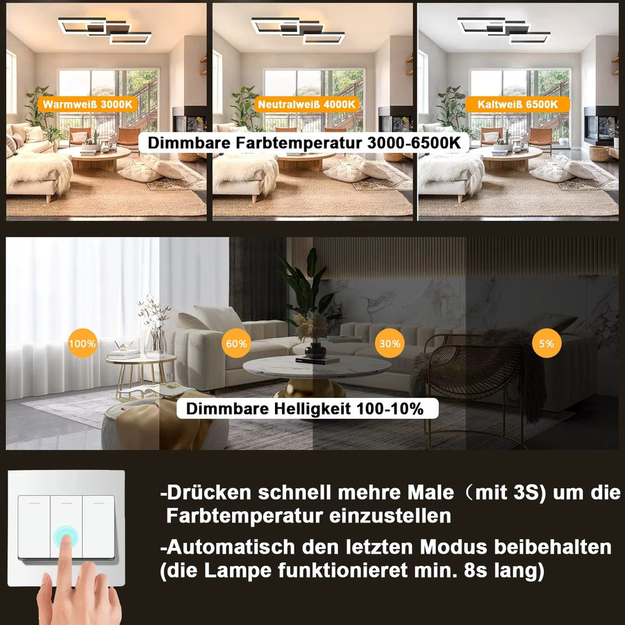 Cliheet LED-Deckenleuchte in Schwarz mit 3 Rahmen, dimmbar und mit Fernbedienung, modern und rechteckig für Wohnzimmer und Schlafzimmer - Bild 4