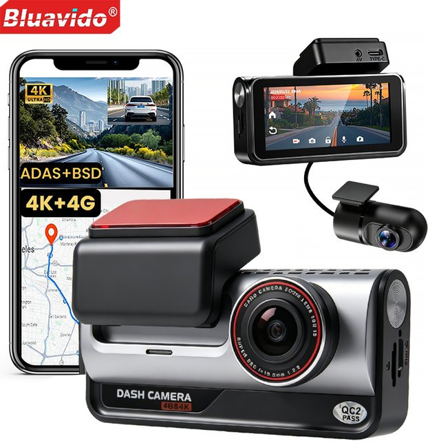 Bluavido 4G LTE 4K Ultra HD Dual-Dashcam mit GPS, WLAN-Hotspot, ADAS und 24-Stunden-Parkmodus in Schwarz - Bild 1