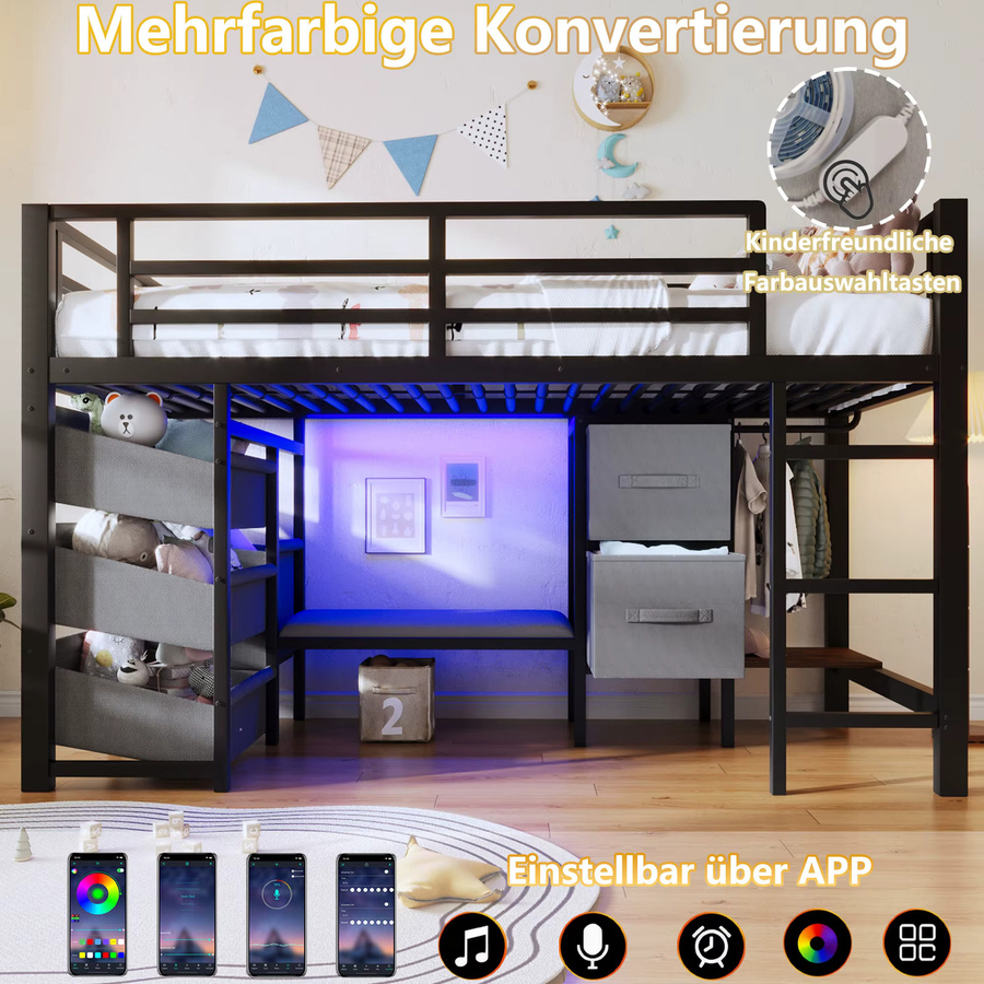 Jugacool Hochbett mit Treppe und LED-Beleuchtung in Schwarz, B/T: 90 x 200 cm - Bild 3