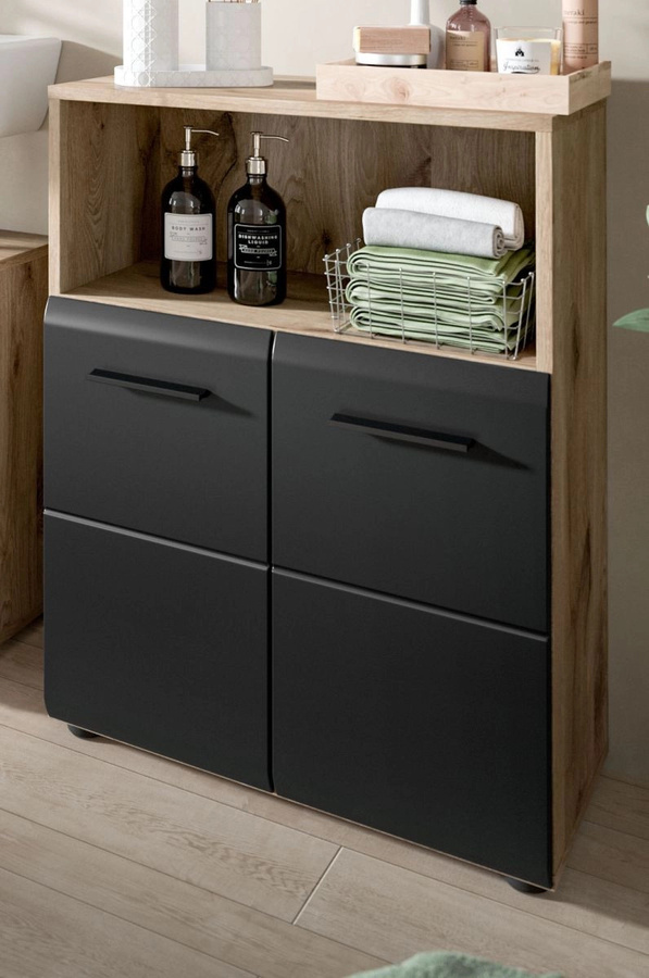 Badezimmer Kommode modern in Schwarz und Eiche mit LED-Beleuchtung und offenen Regalfächern B/H: 60 x 80 cm - Bild 1