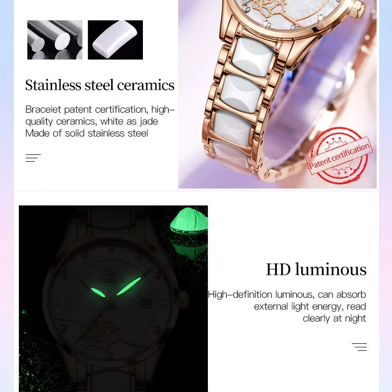 Olevs Armbanduhr Quarz, Keramik, Roségold, Damen - Bild 2