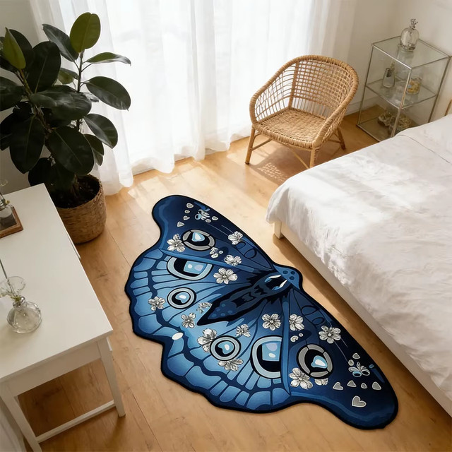 VIKAMA Schmetterlingsteppich Blossom in Blau, weicher und rutschfester dekorativer Teppich für Schlafzimmer, Badezimmer und Eingangsbereich - Bild 1